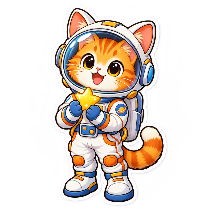 AI Sticker Generator example of an orange cat astronaut with a thick white die-cut border