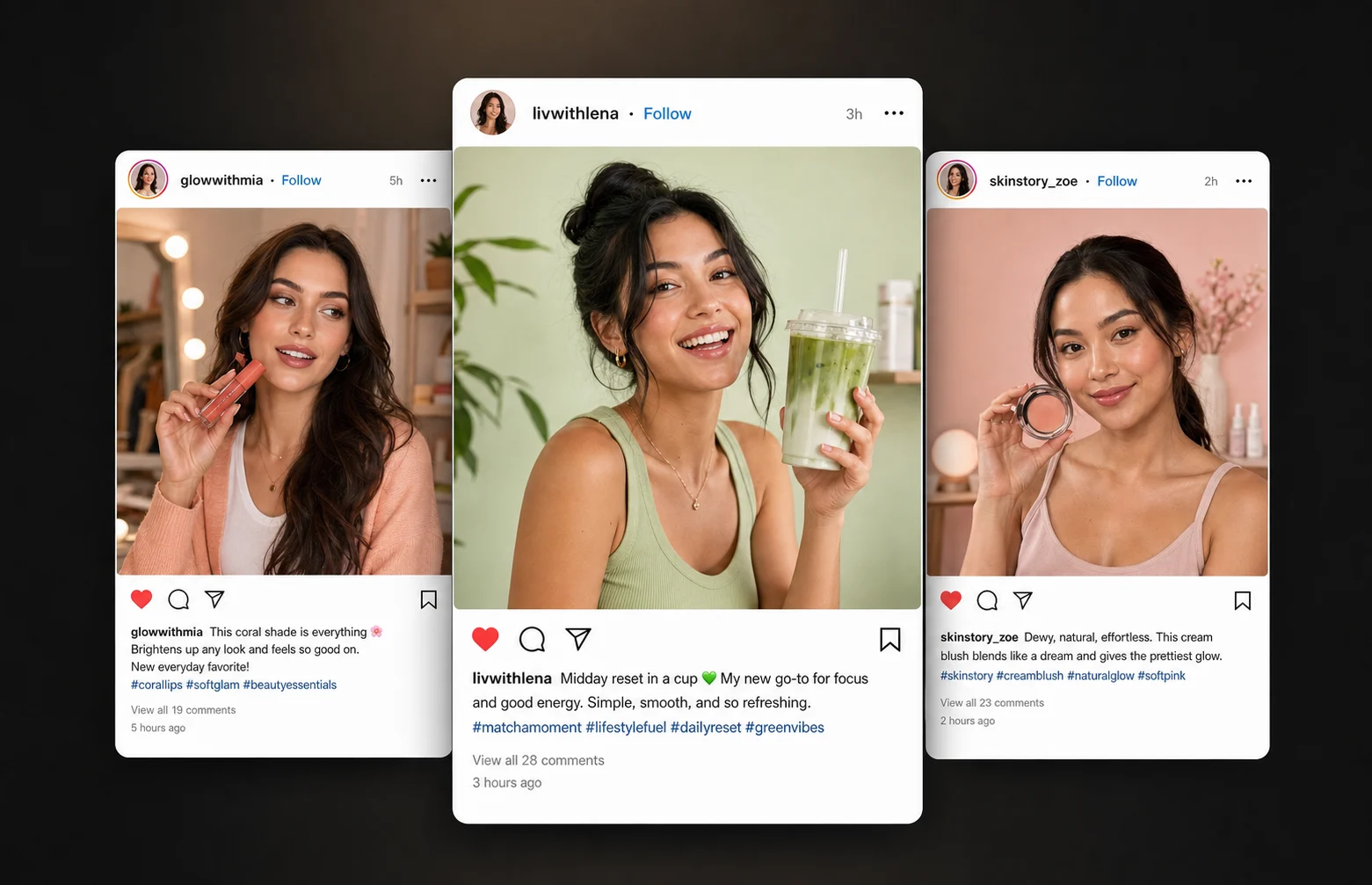 Instagram Post Generator hero with three original AI creator product posts for beauty, matcha, and skincare campaigns