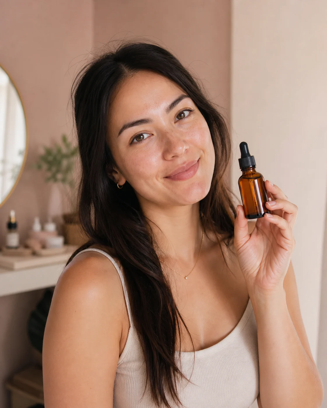 Instagram Post Generator example of an original skincare creator holding an amber serum bottle