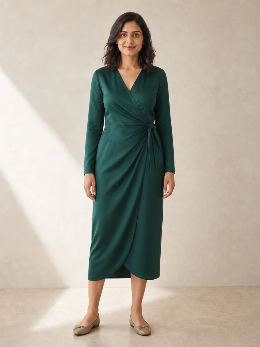 Same woman wearing an emerald wrap dress after virtual try-on