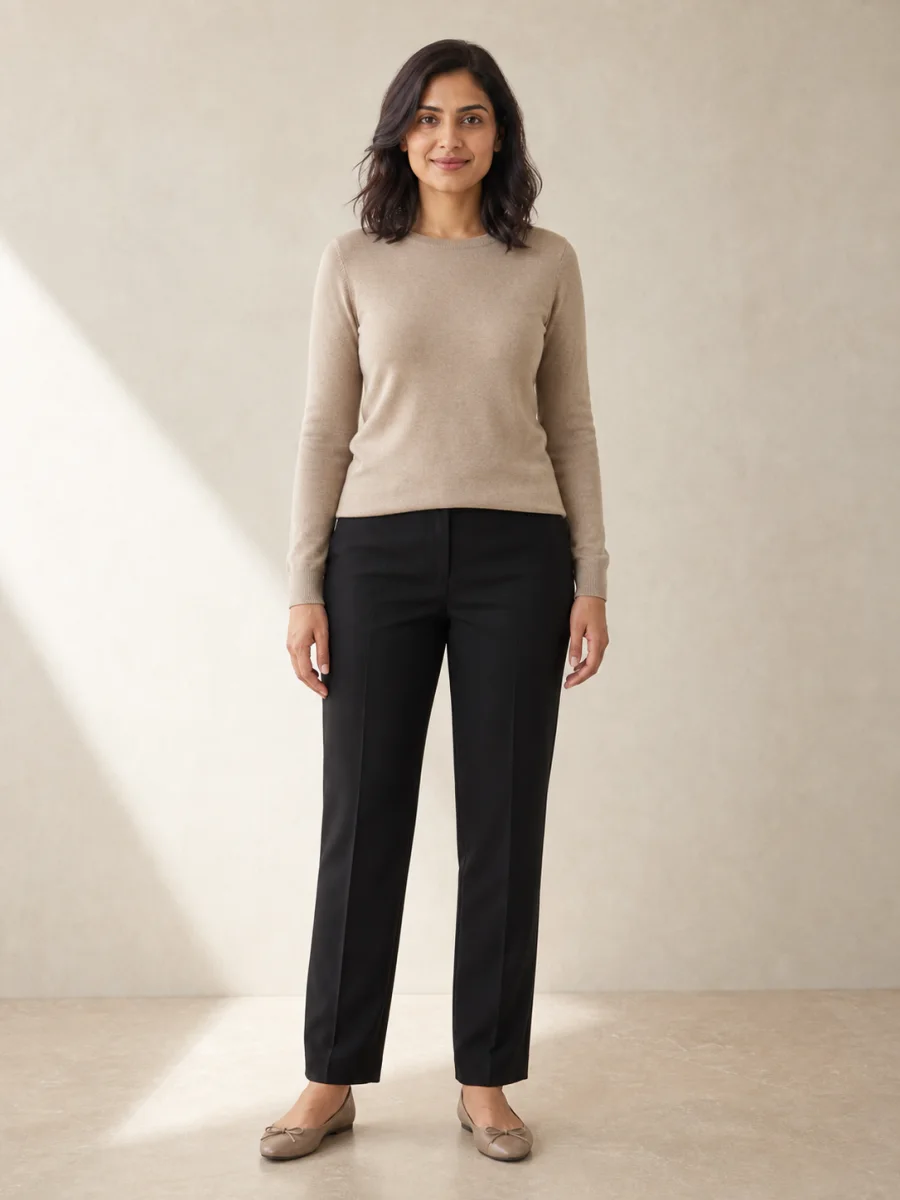 Woman in beige top and black trousers before trying on a dress