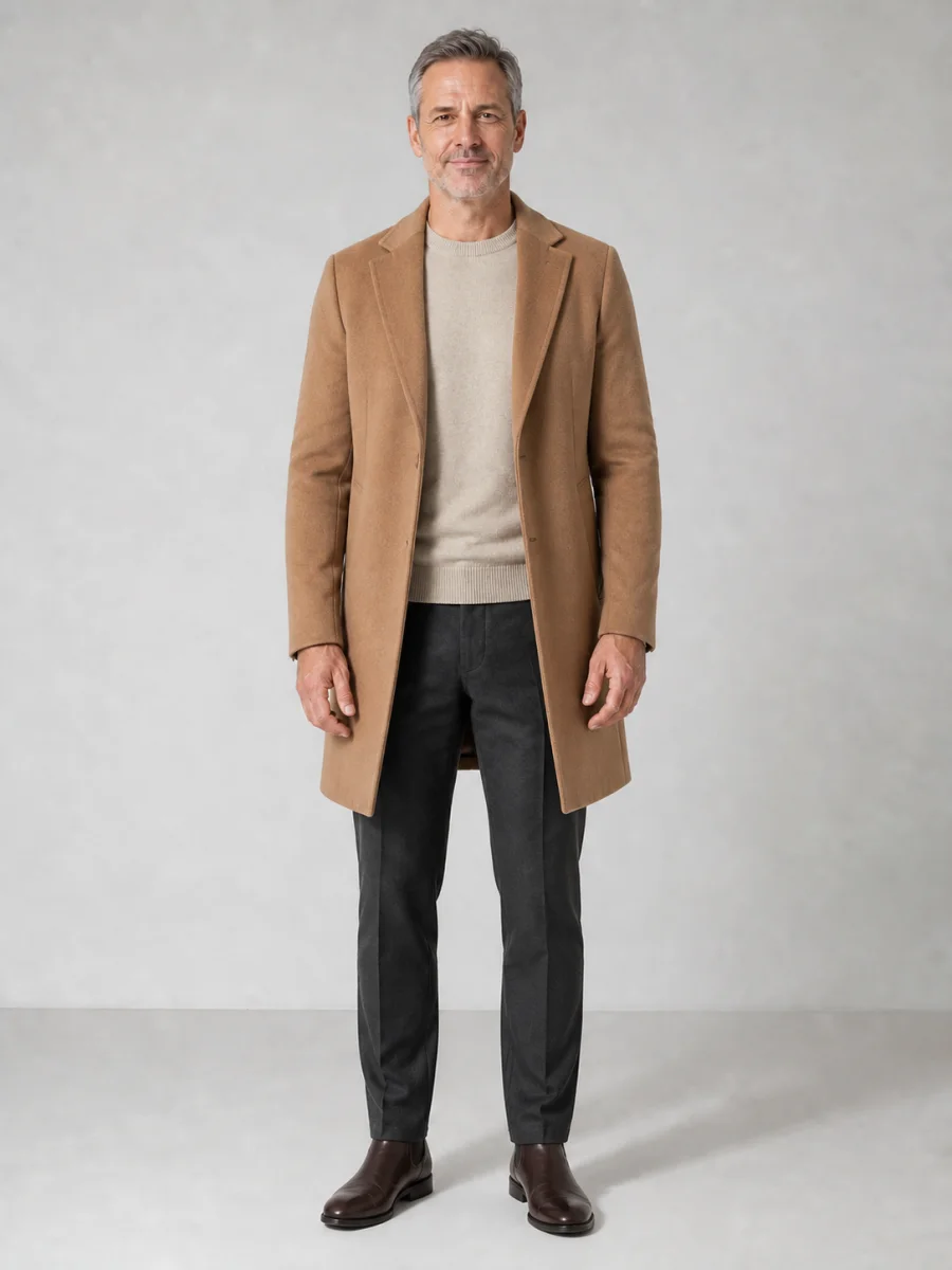 Same man in a camel coat and coordinated winter outfit