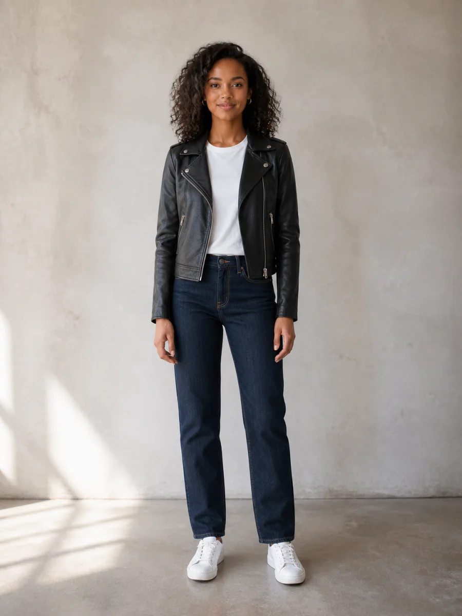 Woman in leather jacket and jeans after AI clothes changer