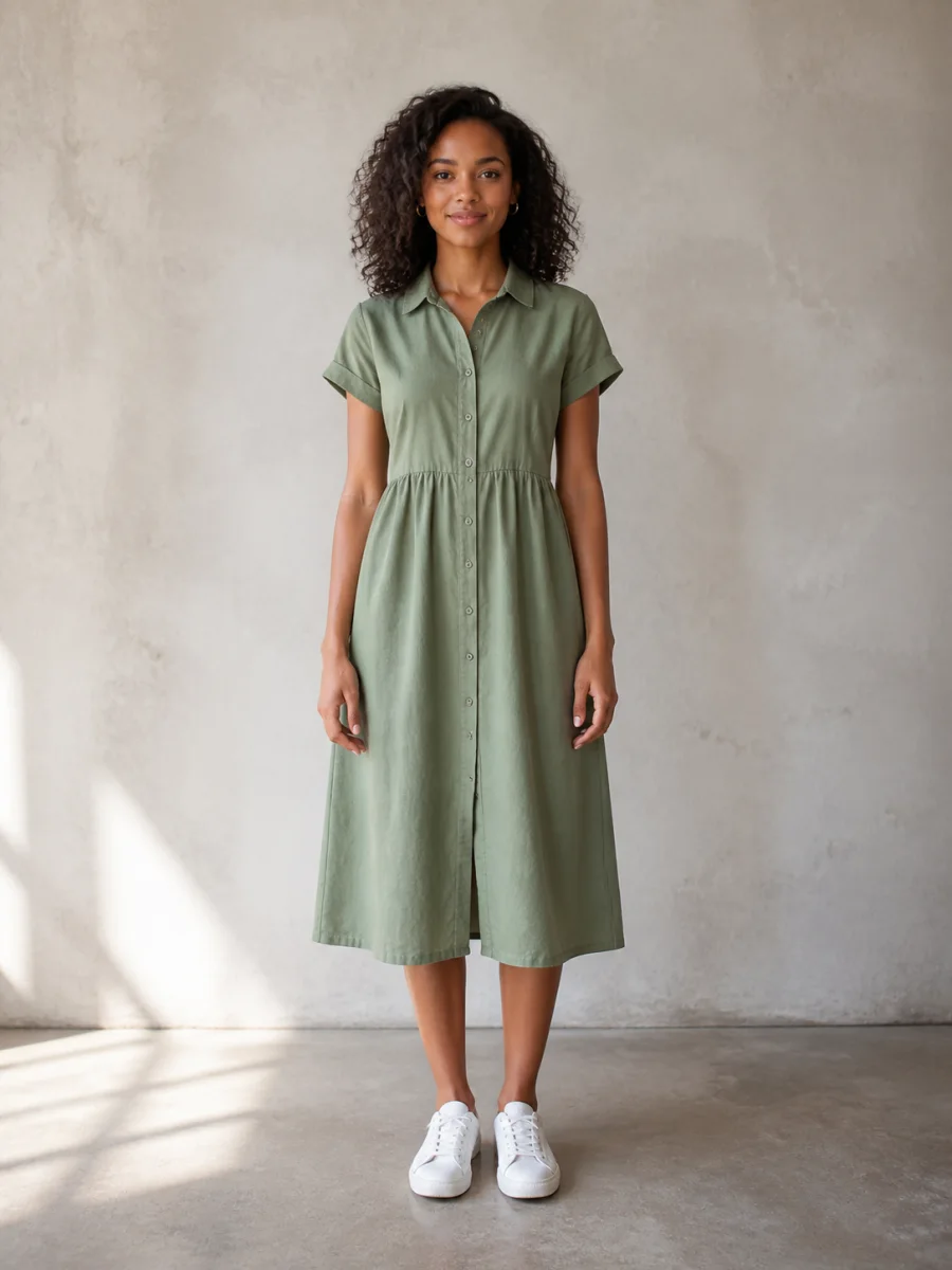 Woman in sage shirt dress before AI outfit change