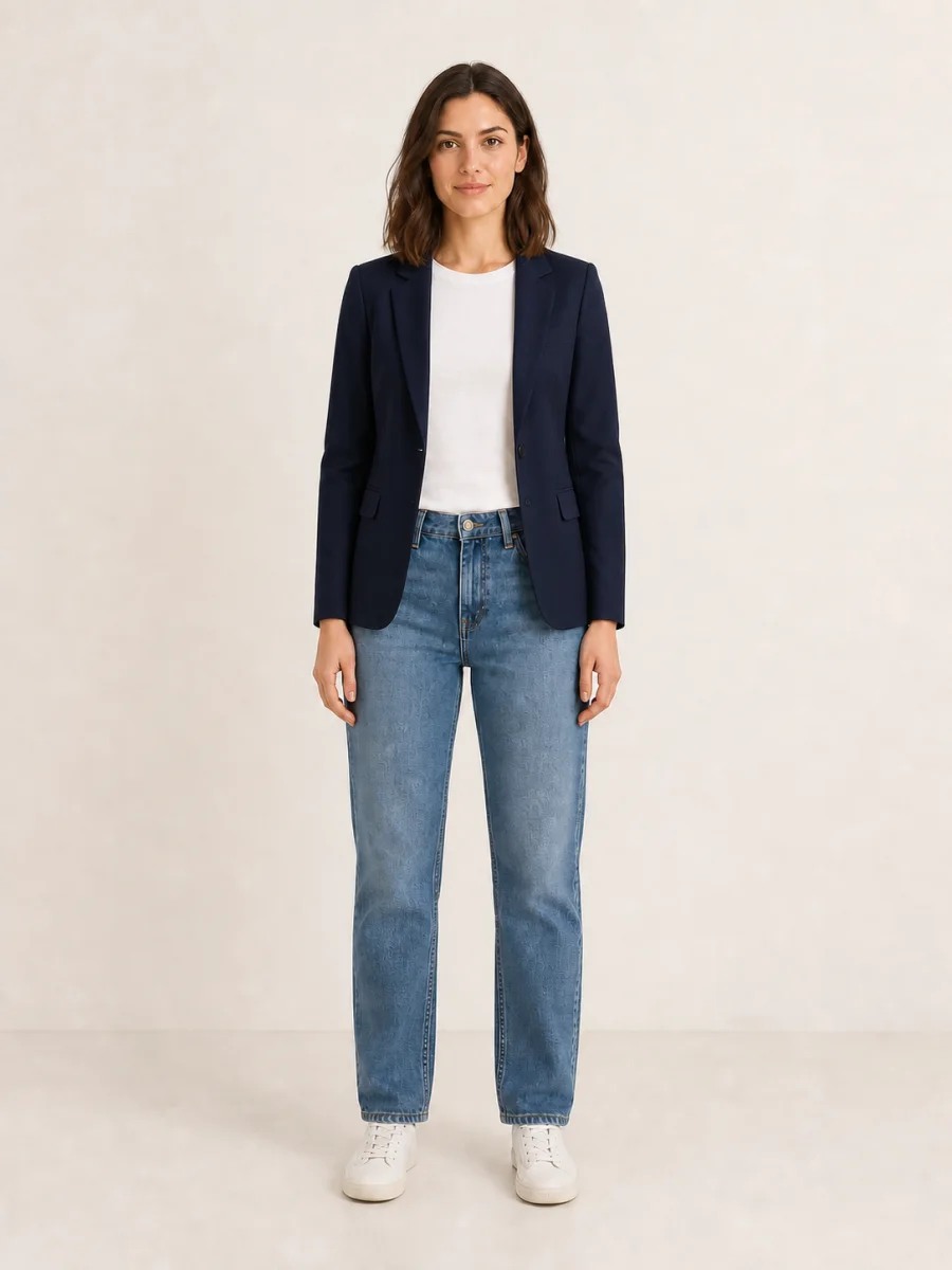 Same person wearing navy blazer after virtual try-on